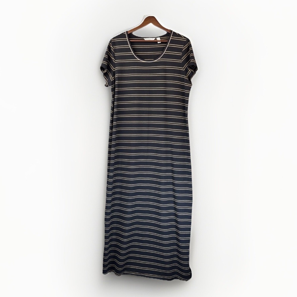 Isaac Mizrahi Yarn‎ Dye Stripe Maxi Dress L Black Yellow Preppy Cotton Stretch